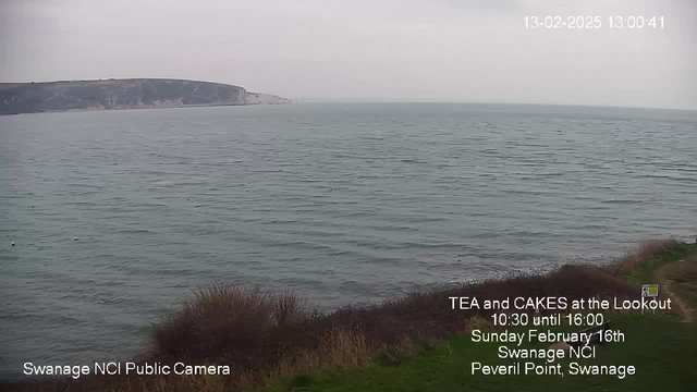 A cloudy sky is visible above a calm sea with gentle waves. In the foreground, there is a grassy area with sparse shrubs, while a rocky coastline can be seen in the distance. Text at the bottom announces an event called "TEA and CAKES at the Lookout" scheduled for February 16th at Swanage NCI, with timing from 10:30 until 16:00. The image captures a serene coastal view.