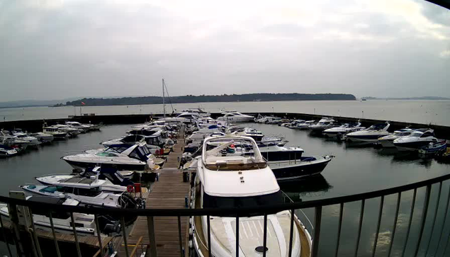 A marina filled with various boats docked along a wooden pier. The scene is set under a gray, cloudy sky with water calm and reflecting the muted light. There is a railing in the foreground, suggesting a viewpoint from a higher position, while in the background, a distant shoreline outlines the horizon.