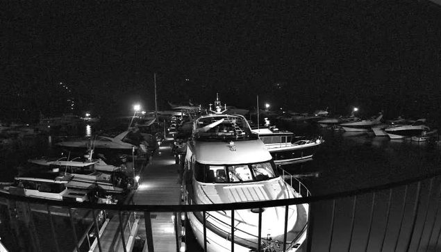 A black and white image of a marina at night, featuring several boats docked closely together. The view is from a balcony overlooking the marina, with a wooden walkway visible in the foreground. Distant lights from the boats and surrounding area reflect softly on the water, adding a sense of depth to the scene. The atmosphere appears calm and tranquil, with a few scattered shadows indicating the boats' shapes.