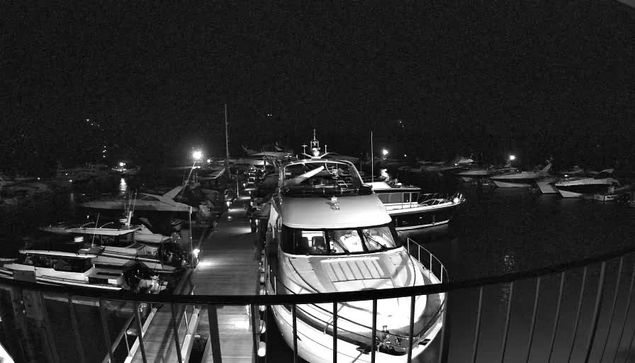 A nighttime scene at a marina, featuring several boats docked in water. The image is in black and white, with a prominent, large yacht in the foreground, illuminated by lights. Surrounding smaller boats are visible, some with faint reflections on the water. The dock appears to lead into the marina, with faint lights in the distance creating an ambient atmosphere.