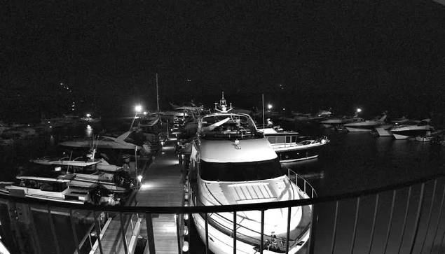 A nighttime view of a marina filled with various boats and yachts. The scene is mostly dark, but some boats are illuminated by artificial lights reflecting off the water. In the foreground, a large white yacht is docked along a wooden pier, with smaller boats moored along either side. The water is calm, and the silhouettes of the boats create a tranquil atmosphere against the night sky.