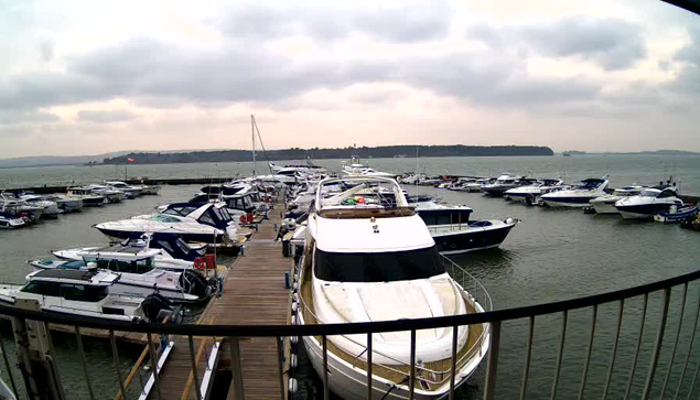 A marina scene with numerous boats docked. The foreground features a large white boat with a covered cabin. Surrounding boats vary in size and color, with some having colorful covers. The water is calm, and the sky is mostly cloudy with a slight gray hue. In the background, there are green hills and trees lining the shore.