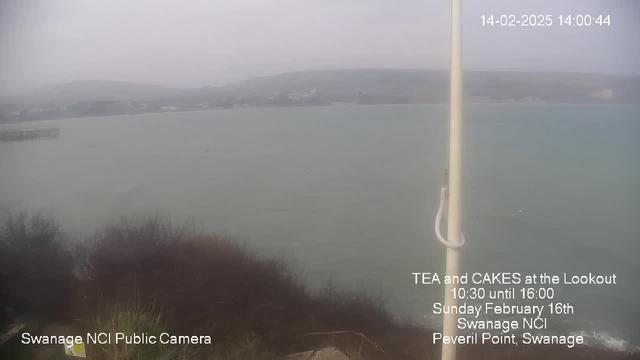 A foggy view of the sea and coastline, with soft gray and blue tones. In the foreground, there are blurred outlines of bushes. A pier extends into the water on the left side of the image. The water appears calm, but visibility is limited due to fog. Text in the bottom right corner mentions a tea and cakes event, with details including the location and date.