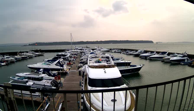 A waterfront scene featuring a marina filled with several boats and yachts moored along a wooden dock. The sky is overcast, with soft gray clouds, and the water appears calm. In the background, a shoreline with trees is visible, indicating land further down the bay. The image captures a tranquil marine setting.