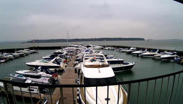 A view of a marina filled with various boats docked in the water. The boats are of different sizes and types, primarily white and blue. In the background, there is a cloudy sky and a distant shoreline with trees. The water is calm, and there is a wooden walkway leading to the boats.