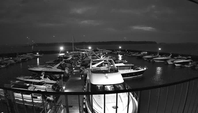 A black and white image of a marina at night. Several boats are docked in the water, some illuminated by a few lights, while others are in shadow. The scene has a calm atmosphere with a distant shoreline visible in the background. The sky appears cloudy, adding to the nighttime ambiance. A wooden walkway leads along the edge of the dock, with people present near the boats.