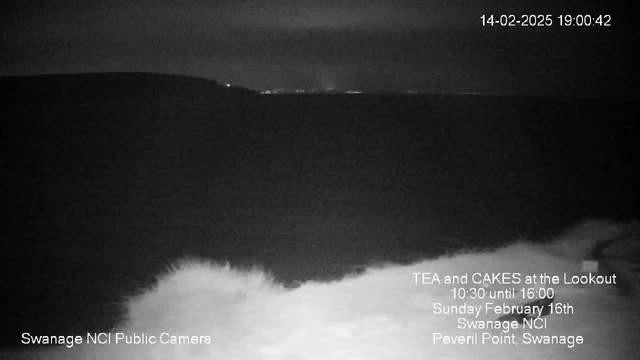 A dark, moody seascape at night. The foreground shows frothy white waves crashing against the shore. In the background, a dark silhouette of land rises against the sky, with faint lights visible in the distance. The scene is illuminated only by ambient light, creating a serene yet dramatic atmosphere. Text in the lower left corner indicates "Swanage NCI Public Camera," while other text on the right announces a local event with details about time and location.