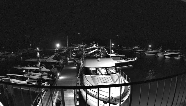 A nighttime view of a marina filled with various boats and yachts docked along a wooden pier. The scene is illuminated by multiple lights reflecting on the water, creating a contrast against the dark surroundings. Some boats are larger and more prominent in the foreground, while others are smaller and positioned further away. A railing is visible on the left side of the image, framing the view of the boats and the water.