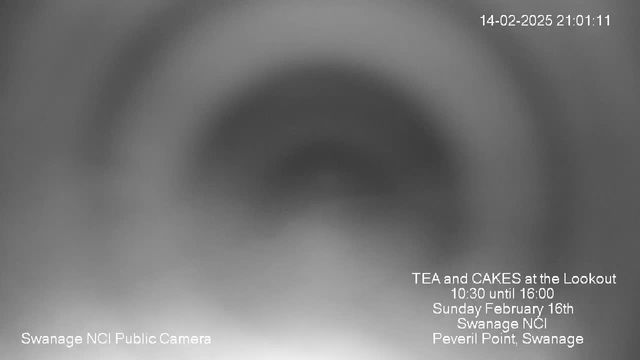 A blurred black and white webcam image that does not clearly depict any specific scene. In the foreground, there is faint text indicating details about an event: "TEA and CAKES at the Lookout" with timings specified, along with the date and location information. The overall image has a soft focus, making it difficult to discern any distinct shapes or features.