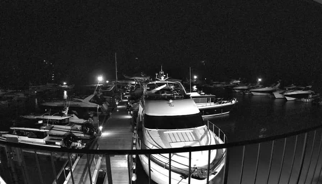 A nighttime view of a marina filled with various boats docked along a wooden pier. A prominent white motor yacht is in the foreground, while several other boats are visible in the background, illuminated by distant lights reflecting off the water. The scene is surrounded by darkness, creating a contrast between the boats and the night sky. The image has a black and white tone, emphasizing shapes and outlines rather than colors.