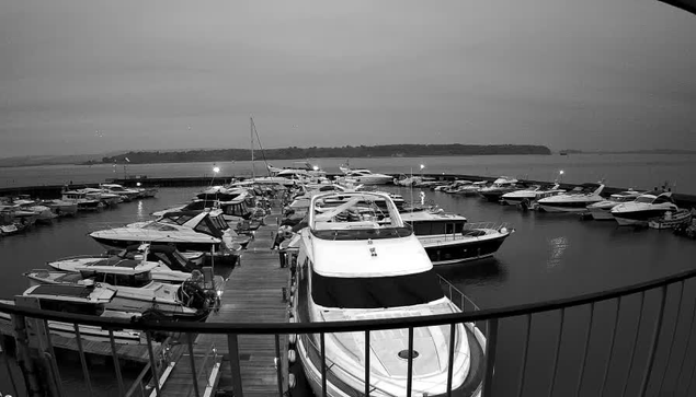 A black-and-white image of a marina filled with numerous boats docked at the pier. The foreground features a large white boat with a cabin and open space on top. Several other boats, ranging in size and shape, are seen around it. In the background, the calm water reflects light from the boats. The scene is overcast, indicating a cloudy day. A distant shoreline is faintly visible on the horizon.