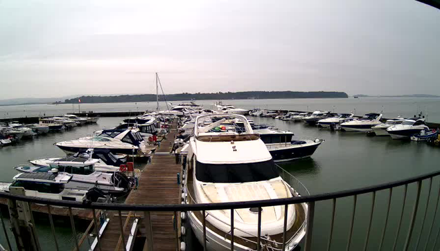 A view of a marina on a cloudy day. Several boats are docked at the wooden pier, with some larger yachts prominently featured in the foreground. The water is calm, reflecting the overcast sky, and there are boats of various sizes and colors scattered throughout the marina. In the background, trees and hills are visible along the shoreline.