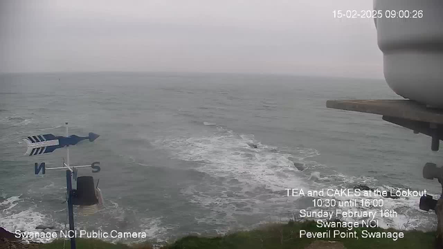 A cloudy, overcast sky hovers above a choppy sea, where white-capped waves are visible. In the foreground, a weather vane indicates directions, with the letter 'N' marking north. The image also shows a grassy cliff edge leading down to the water. Text overlays provide information about an event called "Tea and Cakes at the Lookout," along with the date and location details.