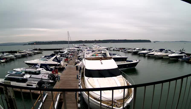 A marina scene featuring numerous boats moored in the water. The foreground includes several luxury yachts and smaller boats, with some covered by blue and white tarps. A wooden dock extends into the water, providing access to the boats. The sky is overcast with gray clouds, and the water has gentle ripples. In the background, hills are visible across the water's edge.