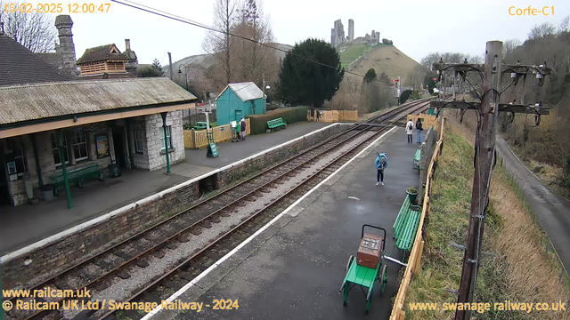 A view of a railway station platform with several benches along the left side. There are a few people scattered on the platform, with one person bending down near the tracks. In the background, there is a hill with a historic castle ruin at the top. The station building, made of stone, features a roof with a slight overhang and green benches. A wooden pole with electrical wires stands on the right side of the image. The sky is overcast, and the scene conveys a quiet, rural atmosphere.