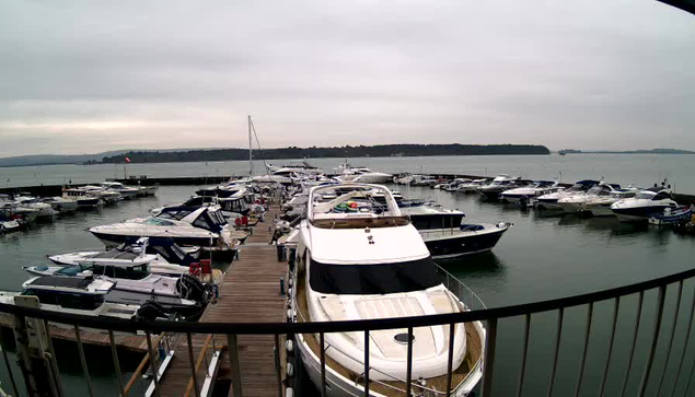 A marina filled with various boats is visible, some are anchored along a wooden dock. The sky is overcast, creating a muted lighting effect. In the background, a calm body of water stretches out, with a shoreline and trees in the distance. The scene conveys a serene atmosphere, typical of a cloudy day by the waterfront.