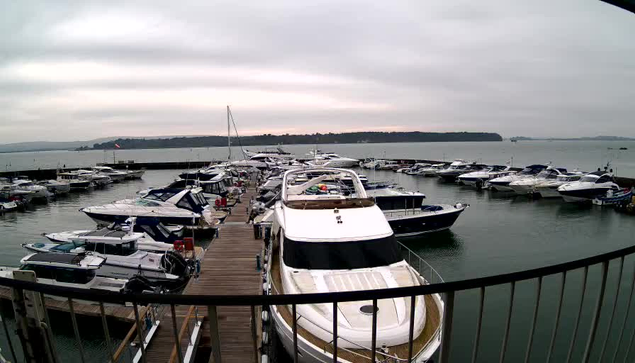 A scenic view of a marina filled with various boats and yachts docked in a calm harbor. The sky is overcast with gray clouds, and the water reflects the muted light. A wooden dock extends from the bottom of the image, leading to the boats. On the left, several smaller boats are moored alongside larger vessels, while the shoreline is visible in the background, hinting at lush greenery.