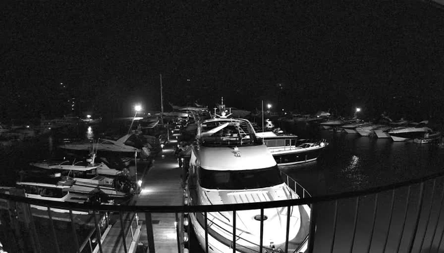 A nighttime view of a marina filled with various boats and yachts. The image is predominantly dark, with some illuminated areas where lights reflect off the water. A wooden dock is visible, leading to several boats moored along it. The scene captures a quiet and serene atmosphere, with no people present.