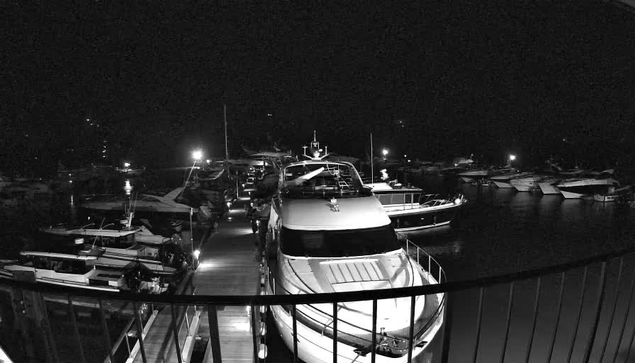 A nighttime view of a marina filled with boats. Several yachts are moored close to wooden docks, with a mix of lights illuminating the scene, reflecting off the water. The image is in black and white, creating a high-contrast effect between the dark surroundings and the brightly lit areas. The foreground features a white yacht with a sleek design, while other boats are visible in the background. The atmosphere appears calm and serene.