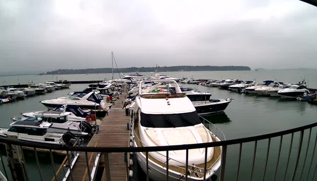 A marina scene under cloudy skies, with multiple boats docked in calm water. The foreground features a large white yacht with a covered deck. Surrounding it are various smaller boats, some covered with blue and white tarps. In the background, a distant shoreline is visible, while overall visibility is limited due to the overcast weather. A wooden walkway and metal railing are in the foreground, framing the view of the marina.