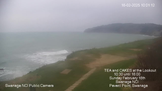 A cloudy, overcast scene showing a coastline with gentle waves lapping at the shore. The grass is visible in the foreground, leading to a sandy beach and rocky shoreline. In the distance, there are rolling hills covered with greenery. Text overlays indicate a public camera location in Swanage, including event details for tea and cakes at the Lookout on a specific date and time.