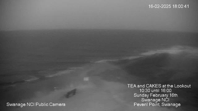 A foggy seaside view showing a grey ocean meeting a misty horizon. The beach is partially visible in the foreground with a small black object, possibly a bench. Text at the bottom advertises a tea and cake event at the Lookout, mentioning the date and location as Swanage NCI, Peveril Point, Swanage. The image is mostly monochrome with low visibility due to the fog.