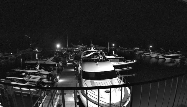 A nighttime scene of a harbor filled with numerous boats and yachts. Some boats are moored closely together on a wooden dock leading to the water. The area is dimly lit with small lights illuminating parts of the scene, creating reflections on the water's surface. The image is in black and white, emphasizing the shapes and outlines of the boats against the dark background.