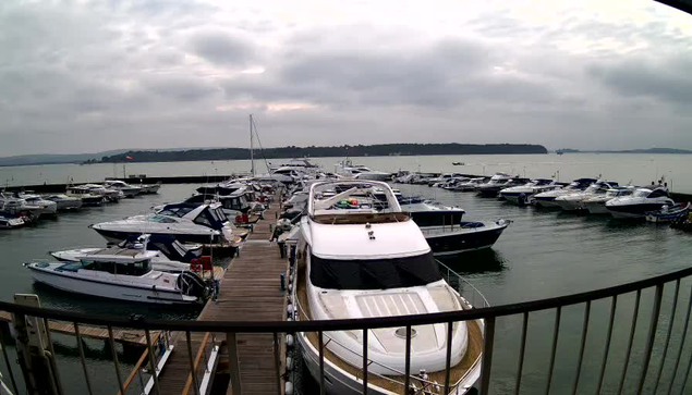 A marina featuring numerous boats docked in calm water. In the foreground, a large white and gold luxury yacht is moored next to a wooden dock. Surrounding it are several smaller boats of various sizes and colors, including blue and white motorboats. The sky is overcast with clouds, casting a muted light over the scene. In the background, a distant shoreline is visible with green hills.