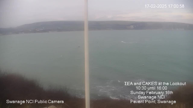 A coastal view is shown, featuring gray skies and calm, greenish water. In the foreground, there is a blurred section of shrubbery. A white pole is positioned slightly off-center. The background includes a distant shoreline, with hills rising beyond the water. The image has text in the lower right corner promoting a tea and cakes event at Swanage NCI. The scene appears to be cloudy and subdued, indicative of overcast weather.