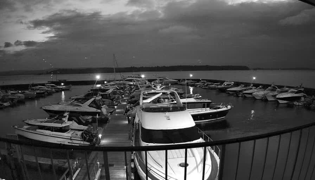 A black and white image of a marina filled with several boats docked in the water. The sky is overcast, and the ambiance is calm. The boats vary in size and type, with some appearing larger than others. There is a wooden walkway leading through the marina, and a railing is visible in the foreground. Dim lights illuminate parts of the marina, reflecting faintly on the water's surface. In the background, a shoreline is visible, suggesting a distant landmass. The overall scene conveys a tranquil and somewhat moody atmosphere.