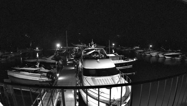 A nighttime scene at a marina, featuring multiple boats docked along a wooden pier. The image is in black and white, with some boats illuminated by artificial lights. The pier appears to lead into the foreground, while more boats and the dark water fill the background. There are slight reflections of light on the water's surface.