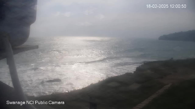 A coastal scene with view of the ocean under a cloudy sky. The water appears reflective, with gentle waves breaking near the shore. In the foreground, there is a grassy area leading down to the beach, with a pathway visible. The left side of the image shows part of a structure, possibly a railing or pole, partially obscuring the view. The timestamp indicates the image was captured on February 18, 2025, at noon.