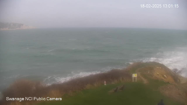 A coastal scene featuring choppy waves in shades of blue and green under a cloudy sky. In the foreground, there is grass with patches of brown and two dark figures near the center. A sign can be seen near the edge of a cliff, indicating potential danger. The background includes a rocky shoreline fading into the mist.