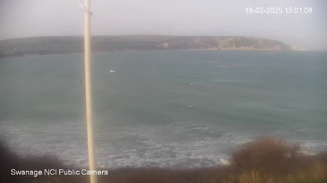 A coastal view showing calm, blue water with gentle waves lapping at the shore. In the background, there are grassy cliffs and a distant shoreline, partially obscured by haze. A pole stands on the left side of the image. The scene has a tranquil atmosphere, with a hint of overcast weather. A timestamp indicates the image was captured on February 18, 2025, at 15:01:08.