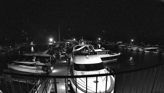 A nighttime scene featuring a marina filled with various boats parked in the water. The image is black and white, showcasing the silhouettes of boats, some with lights on, reflecting on the water's surface. A wooden dock is visible in the foreground, and faint outlines of distant land can be seen in the background. The overall atmosphere is calm and tranquil, with a few scattered lights illuminating parts of the marina.