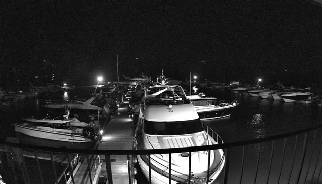 A nighttime scene of a marina filled with various boats and yachts, illuminated by dock lights. The image is predominantly dark, emphasizing the silhouettes of the boats. There's a wooden dock leading into the water, where several boats are moored. The water reflects faint lights from the surrounding boats. The overall mood is calm and serene, typical of a quiet night by the marina.