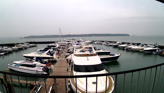 A marina filled with various boats docked closely together. Many boats are white and blue, with a prominent white yacht in the foreground that has a distinctive curved design. The water is calm and reflects the overcast sky, which has a grayish hue. In the background, there is a distant shoreline with trees and hills. The scene conveys a tranquil maritime atmosphere.