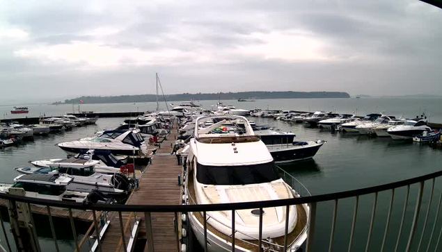 A marina filled with various boats docked along wooden piers. The scene features numerous powerboats and yachts of different sizes, predominantly white and blue. The sky is overcast and gray, with calm waters reflecting the boats. In the background, there is a hint of land and more boats in the distance.