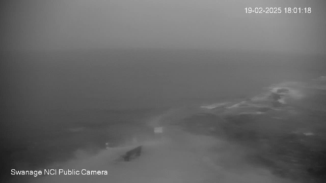 A hazy coastal scene appears in shades of gray. The ocean stretches into the distance, merging with a gray sky. Wispy waves gently break against a rocky shore, with minimal details visible. In the foreground, a faint outline of a bench is seen on the sandy beach. The timestamp displays "19-02-2025 18:01:18" at the top right, and the camera is identified as "Swanage NCI Public Camera" in the bottom left corner.