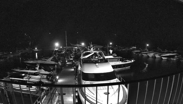 A nighttime scene of a marina filled with various boats and yachts. The image is in black and white, with several moored vessels visible in the water. Some boats are illuminated by lights, creating reflections on the calm surface of the water. A wooden dock is also present, leading to the boats. The surrounding area appears dark, with some distant lights hinting at buildings or further structures.