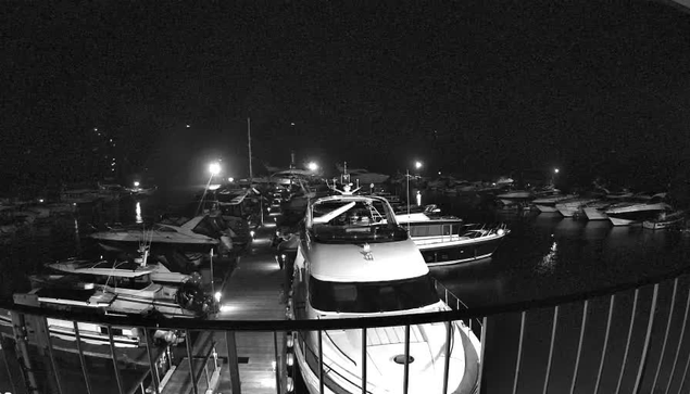 A nighttime image of a marina filled with several boats docked in the water. The scene is illuminated by various lights reflecting on the water. Some boats are larger yachts while others are smaller vessels. The perspective shows a dock with a railing in the foreground, providing a view over the boats and the calm water below. The ambiance is quiet and serene, typical of a tranquil marina at night.