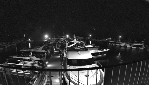 A nighttime scene of a marina with several boats docked. The image is in black and white, highlighting the shapes of the boats and the reflections on the water. There's a wooden walkway visible, leading through the marina. Some lights are illuminated, casting a soft glow around the area, while the background features a dark sky and faint outlines of trees. The overall atmosphere is calm and tranquil.