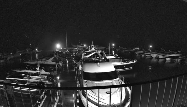 A nighttime scene at a marina, captured in black and white. Various boats are docked, visible in a still waterway reflecting faint lights from the shore. In the foreground, a wide boat is prominent, while other vessels of different sizes are scattered around the space. The area is illuminated by artificial lights, creating a serene yet dim atmosphere. A railing is visible in the lower part of the image, indicating a vantage point.