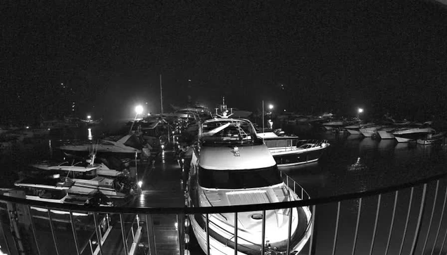 A nighttime view of a marina filled with various boats and yachts. The scene is illuminated by artificial lights reflecting on the water, creating contrasting shadows. The foreground features a large yacht, partially obscured by a railing, while several smaller boats are moored nearby in the background. The overall atmosphere is quiet and serene, with minimal visibility due to the dark surroundings.