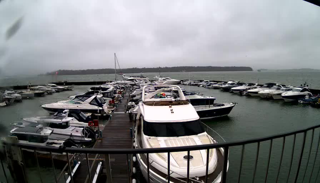 A view of a marina on a cloudy day. Several boats are docked in the water, surrounded by gray skies and gentle waves. The scene includes a mix of large and small boats, with some visible on the dock. A railing is present in the foreground, indicating the viewpoint is from a raised area. The atmosphere appears calm despite the overcast conditions.