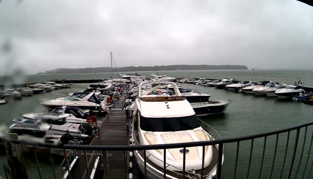 A marina scene with numerous boats docked in the water. The sky is overcast and gray, suggesting a cloudy day. Some boats are larger, including a white yacht in the foreground, while others are smaller and variously colored. The water is calm with a slight ripple. A wooden walkway runs along the side, providing access to the boats. In the background, a shoreline is visible, partially obscured by mist.