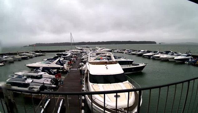 A busy marina on a cloudy day, featuring numerous boats of various sizes docked in the water. The scene includes yachts and smaller vessels clustered around wooden docks, with the rippling water reflecting the overcast sky. In the background, a landmass is visible, shrouded in mist. The atmosphere appears tranquil but slightly gloomy due to the weather conditions.