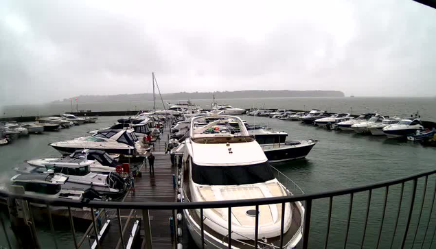 A marina filled with various boats is visible, some moored along a wooden dock. The scene is cloudy and overcast, indicating rain, with waves gently lapping against the boats. In the background, there are more boats spaced out in the water, and a faint outline of a landmass can be seen in the distance. The overall atmosphere is calm but misty, creating a subdued ambiance.