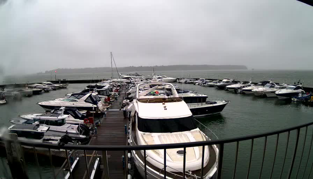 A marina with numerous boats docked along a wooden pier. The scene is overcast and foggy, with a distant shoreline visible in the background. The water appears choppy, indicating windy conditions. The boats vary in size and design, primarily motorboats and yachts, with some featuring bright colors and personal items visible on their decks.