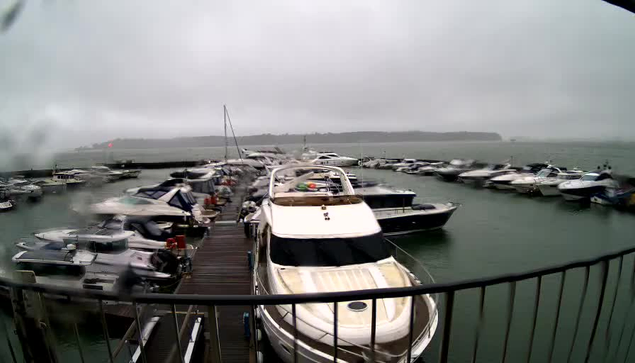 A cloudy and rainy scene depicting a marina filled with various boats docked at wooden piers. The water appears choppy, and the surrounding landscape is blurred by the rain. In the foreground, a white motorboat with a tan stripe is prominently positioned, while several other boats of different sizes and colors are visible in the background. The image captures a gloomy atmosphere with overcast skies and limited visibility.